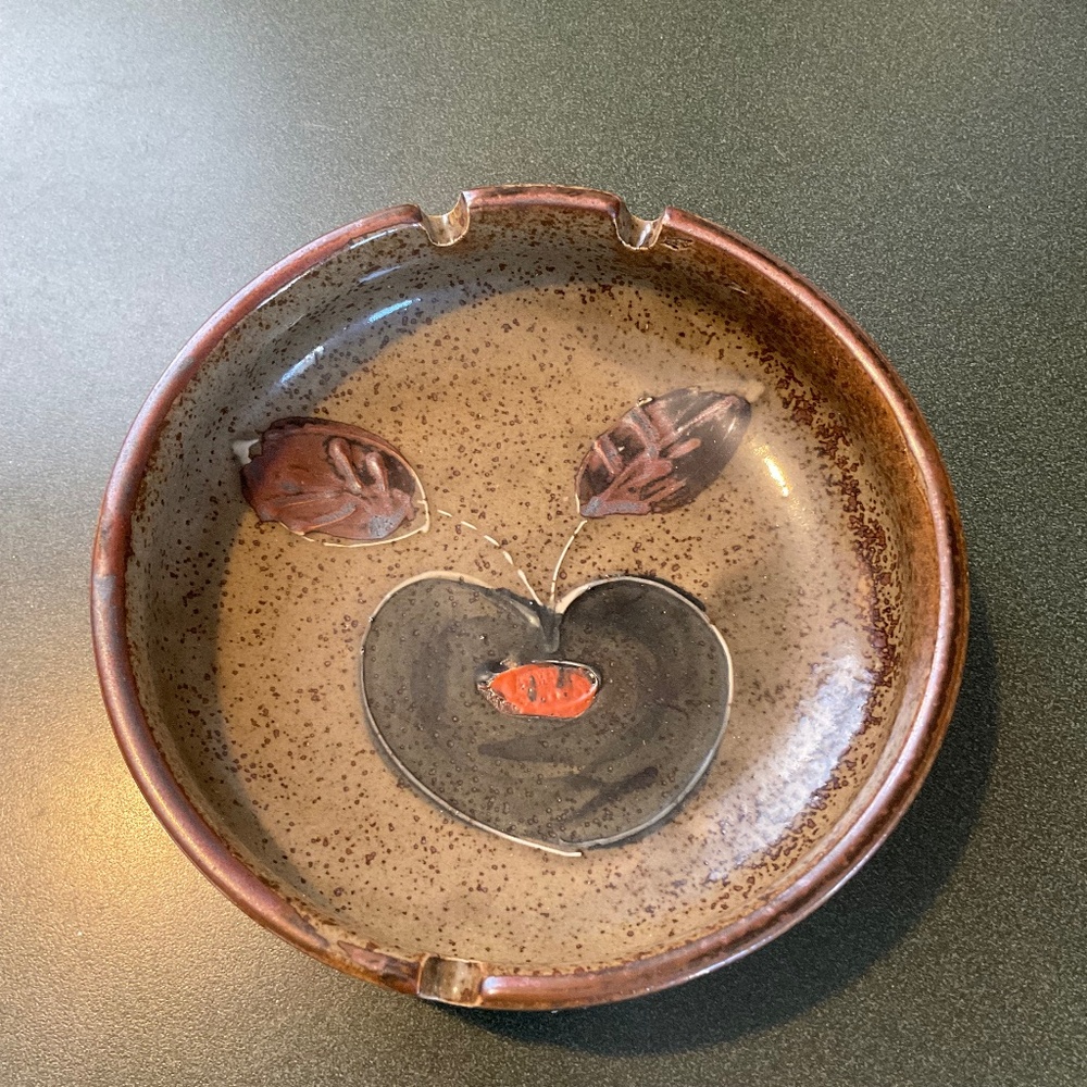 Vintage Ashtray Ceramic Speckled Greenish Brown with Cherry Image 6.25” Across